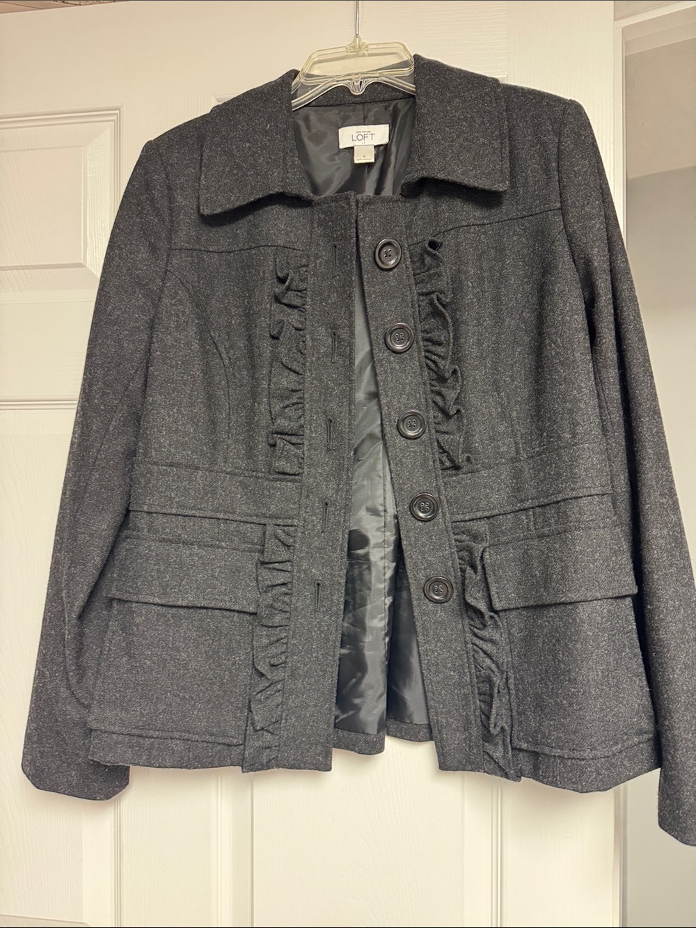 LOFT Charcoal Gray Ruffle-Trim Wool-Blend Blazer